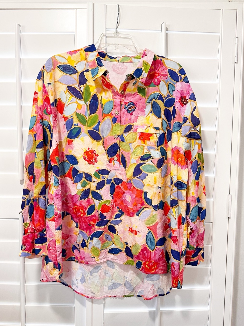 Floral Tunic Blouse XL Colorful Long Sleeve Lightweight Button Henley Top Artsy